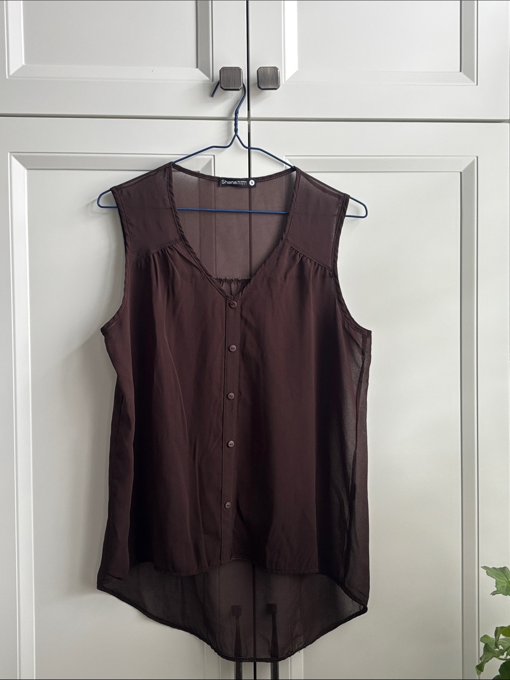 SHAN Sheer Button-Front Sleeveless Camisole in Dark Brown